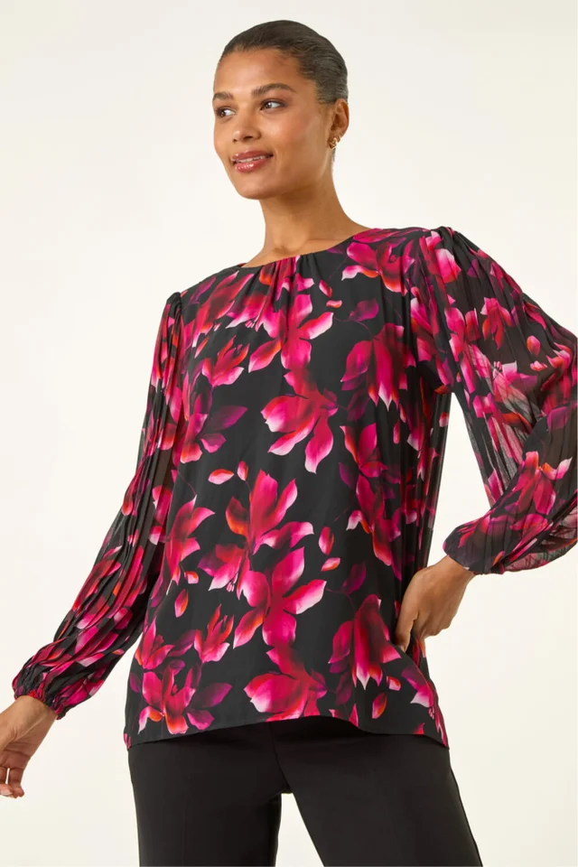 Roman Purple Floral Print Pleated Top