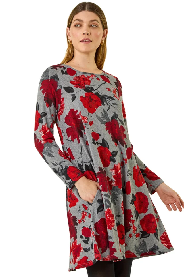 Roman Red Rose Print Stretch Swing Dress
