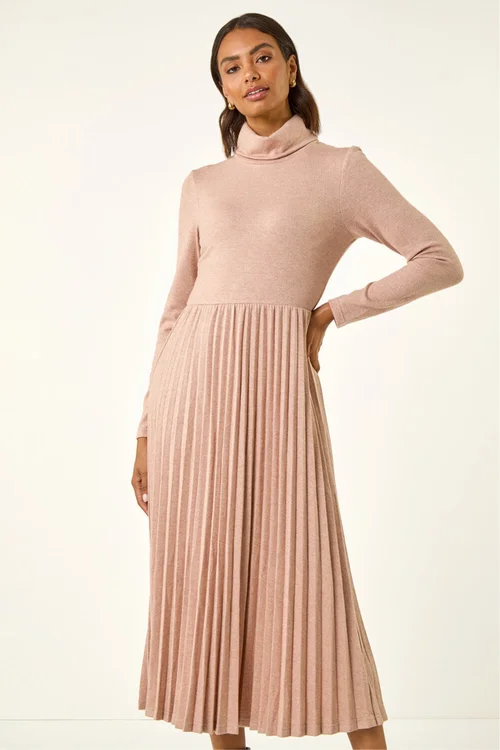 Roman Light Pink High Neck Pleated Midi Dress - 14 Image 2