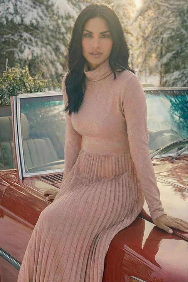 Roman Light Pink High Neck Pleated Midi Dress