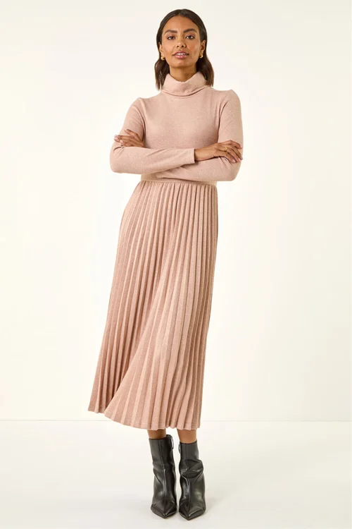 Roman Light Pink High Neck Pleated Midi Dress - 14 Image 4
