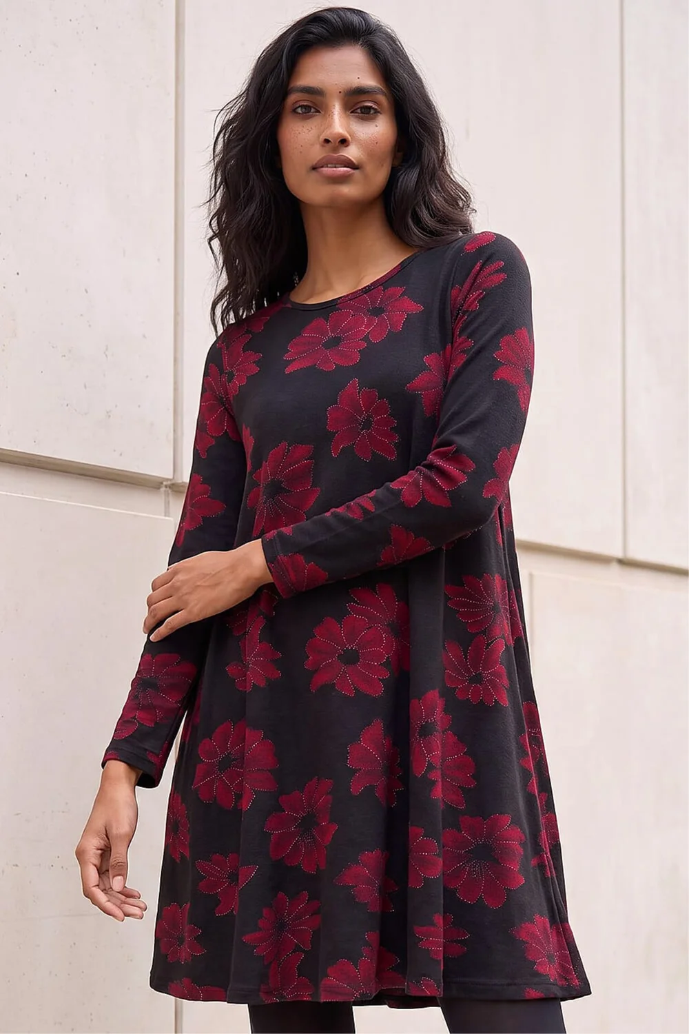 Roman Black Floral Print Stretch Swing Dress - 10 Image 3