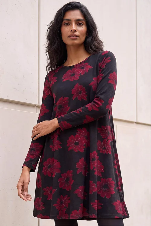 Roman Black Floral Print Stretch Swing Dress - 10 Image 3
