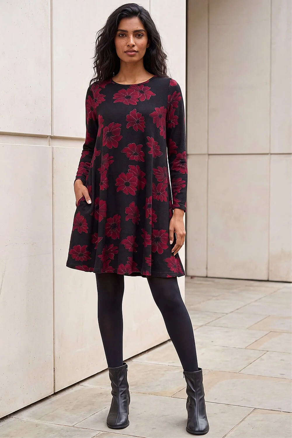 Roman Black Floral Print Stretch Swing Dress - 10 Image 1