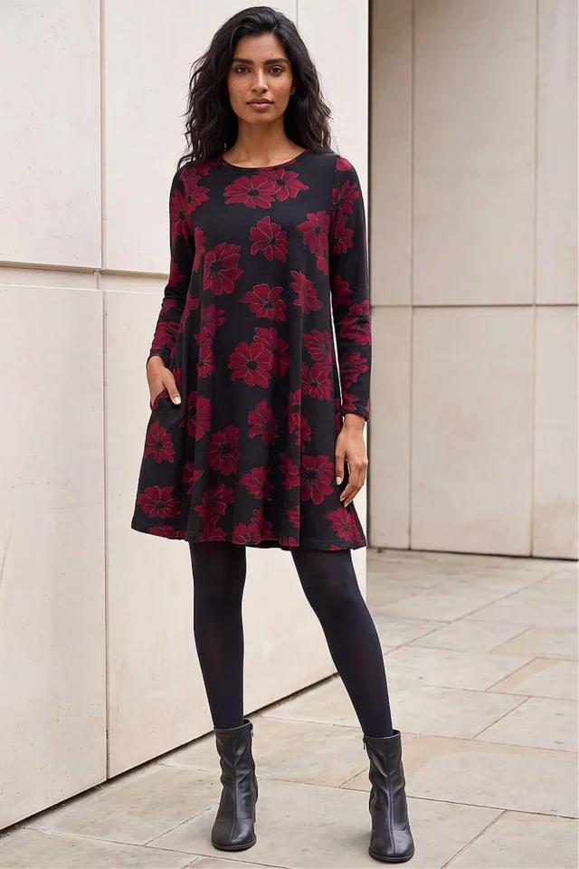 Roman Black Floral Print Stretch Swing Dress