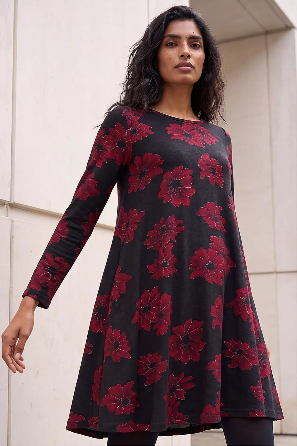 Roman Black Floral Print Stretch Swing Dress - 10 Image 2
