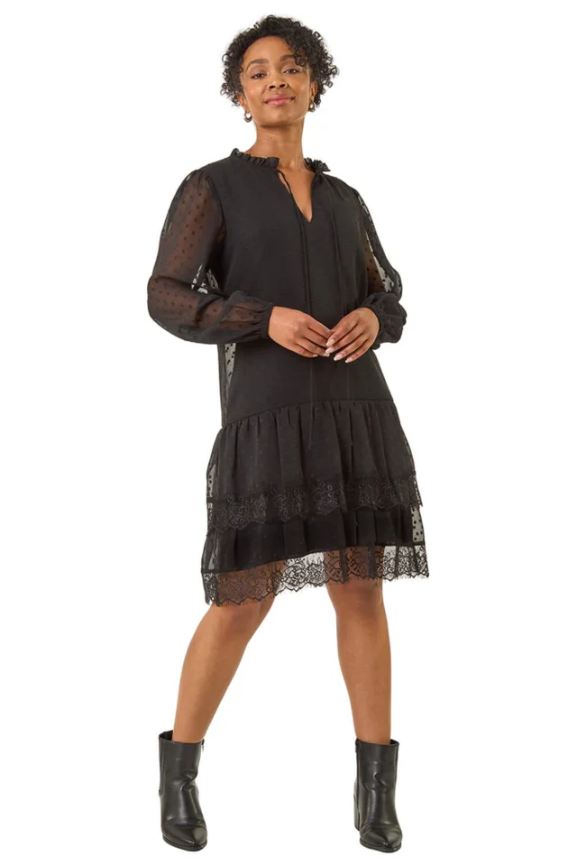 Roman Black Petite Frill Tie Front Lace Dress