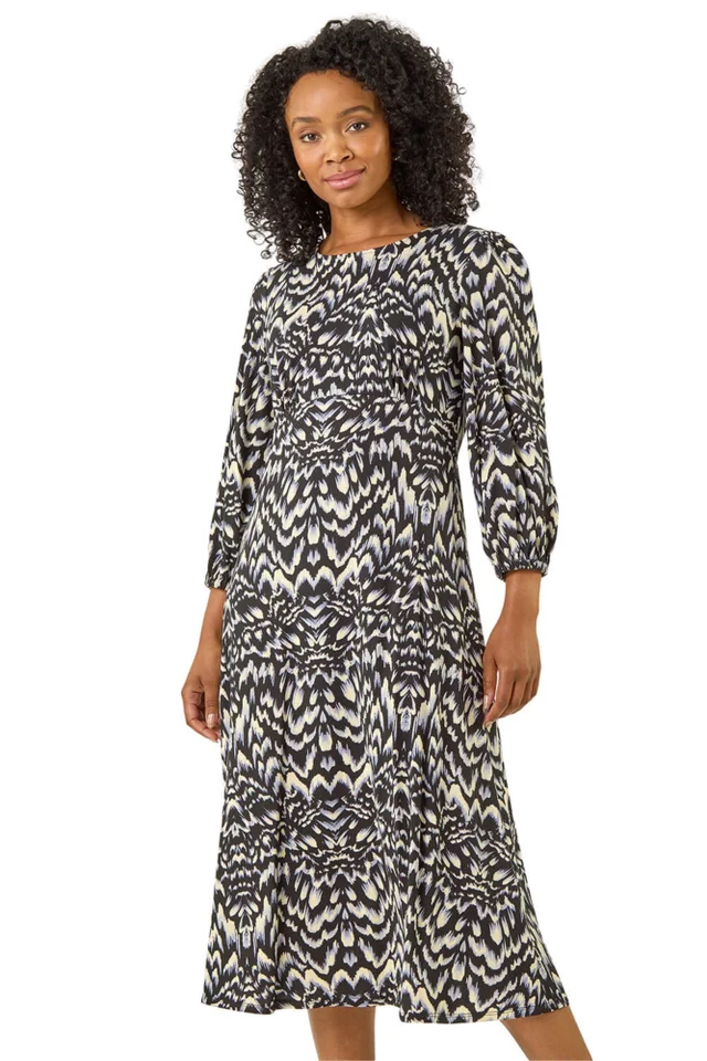 Roman Black Petite Abstract Stretch Midi Dress