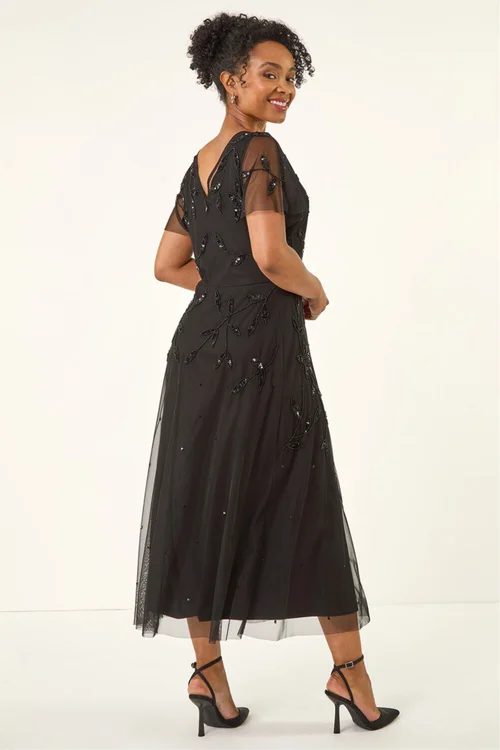 Roman Black Petite Embroidered Mesh Layered Dress - 10 Image 4
