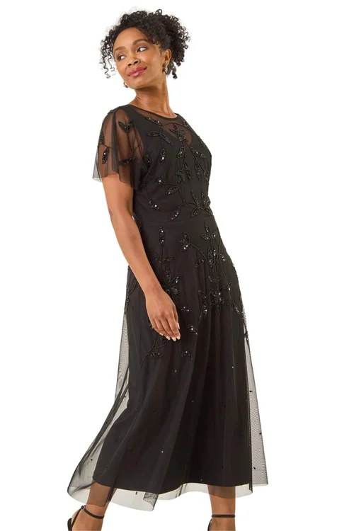 Roman Black Petite Embroidered Mesh Layered Dress - 10 Image 1
