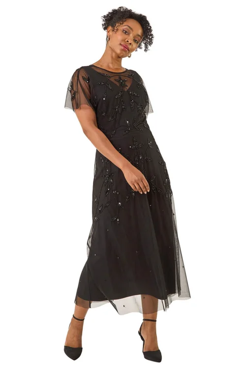 Roman Black Petite Embroidered Mesh Layered Dress - 10 Image 2
