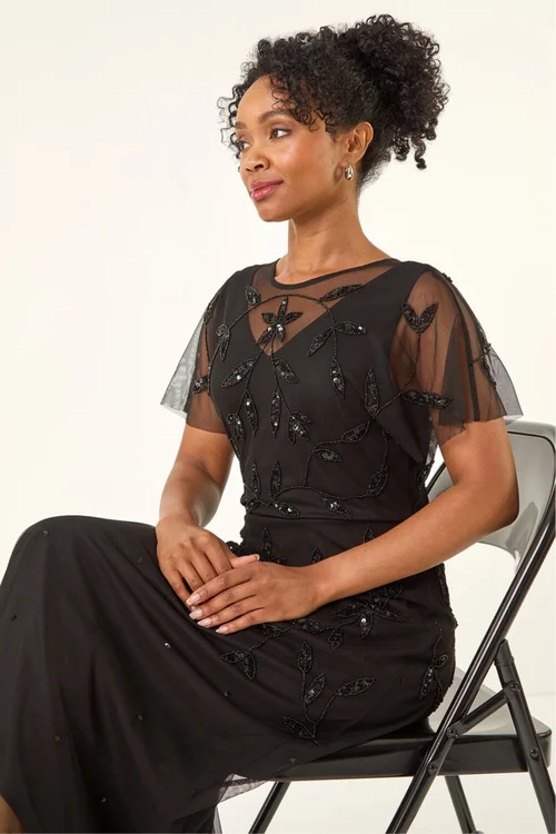 Roman Black Petite Embroidered Mesh Layered Dress - 10 Image 3