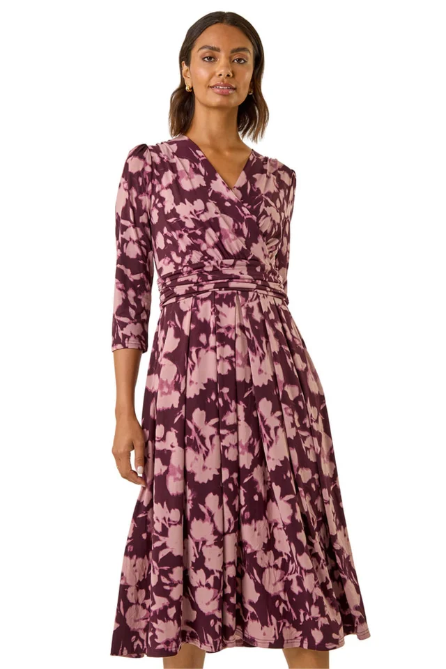 Roman Wine Abstract Floral Print Wrap Midi Dress