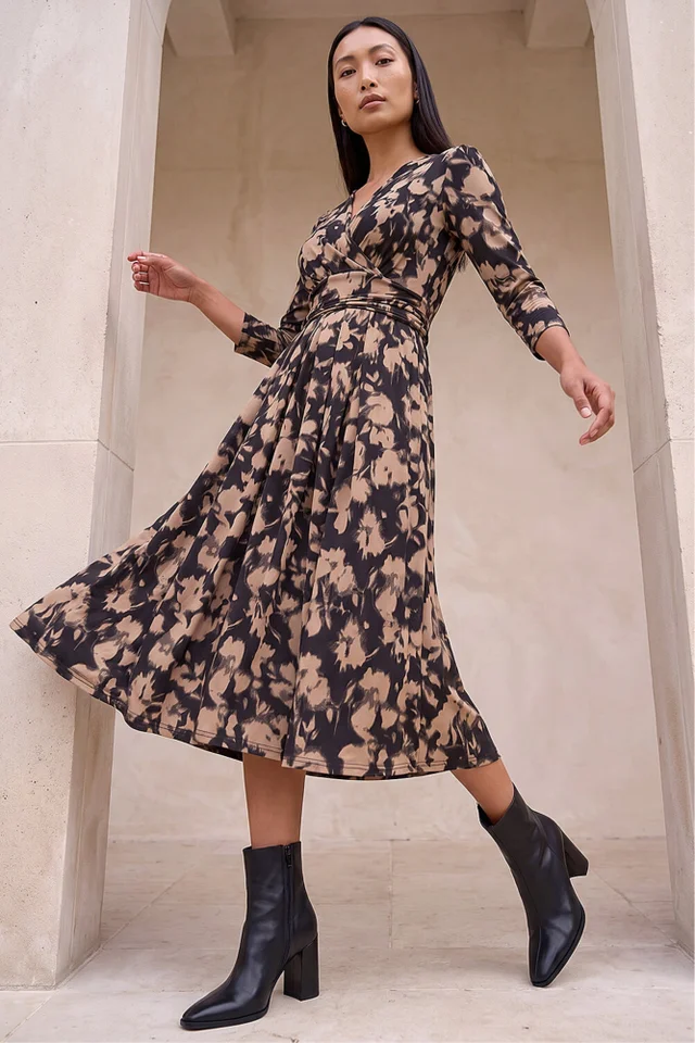 Roman Taupe Abstract Floral Print Wrap Midi Dress