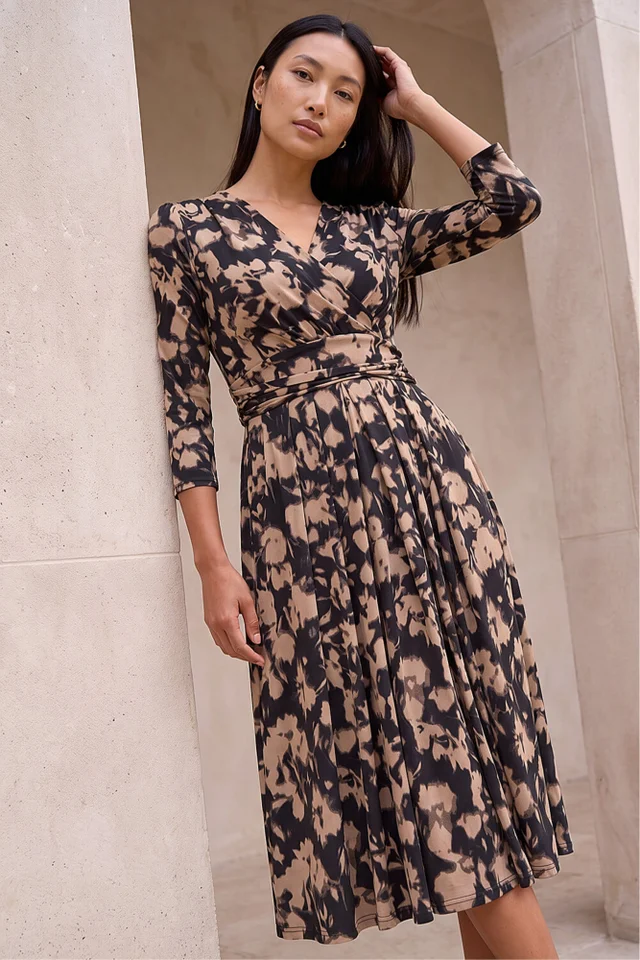 Roman Taupe Abstract Floral Print Wrap Midi Dress