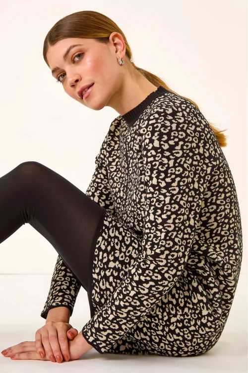 Roman Black Animal Print Knitted Shift Dress - 16 Image 2