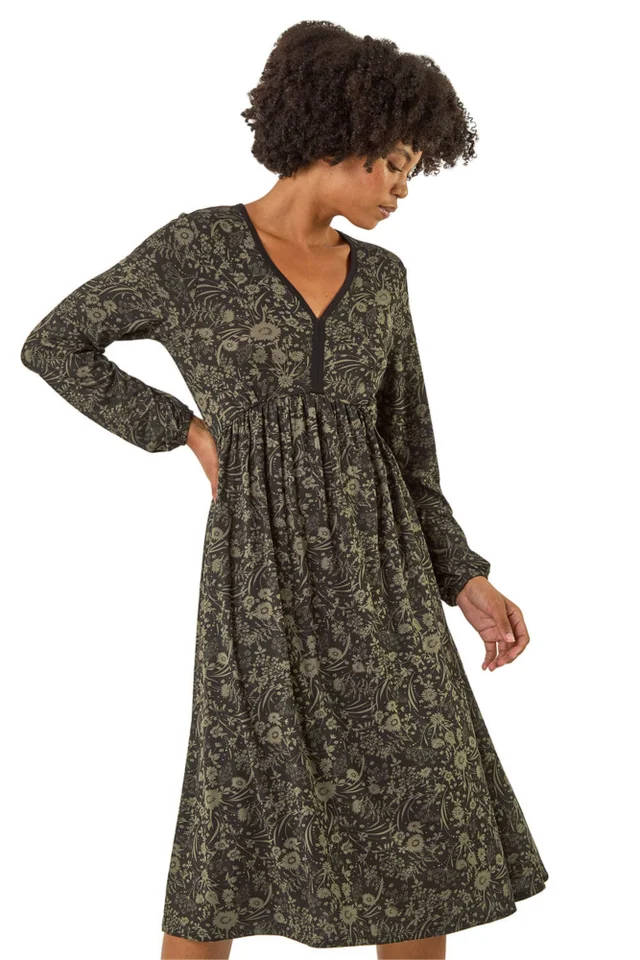 Roman Khaki Floral Print V-Neck Stretch Midi Dress