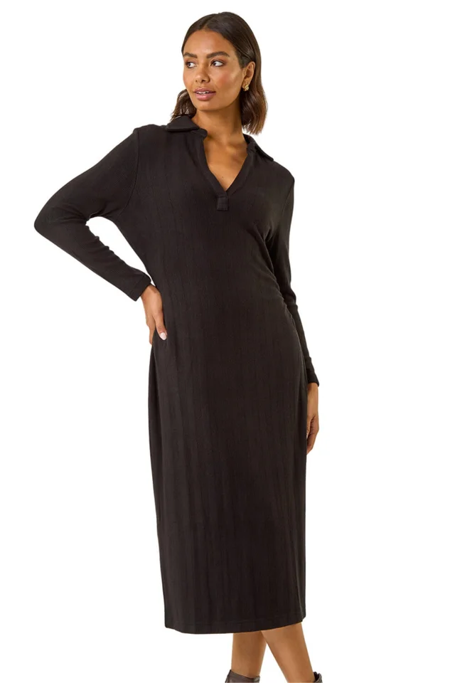 Roman Black Collar Ribbed Knit Miid Dress