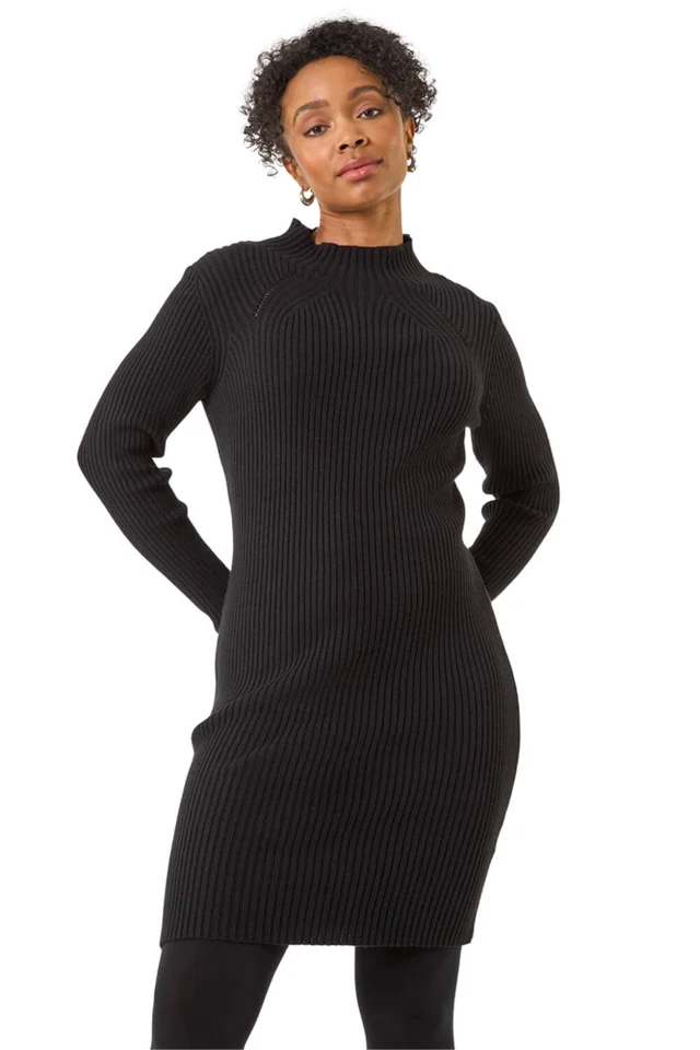 Roman Black Petite Pearl Knitted Midi Dress