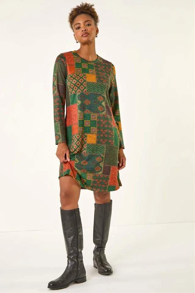 Roman Green Patchwork Print Button Swing dress