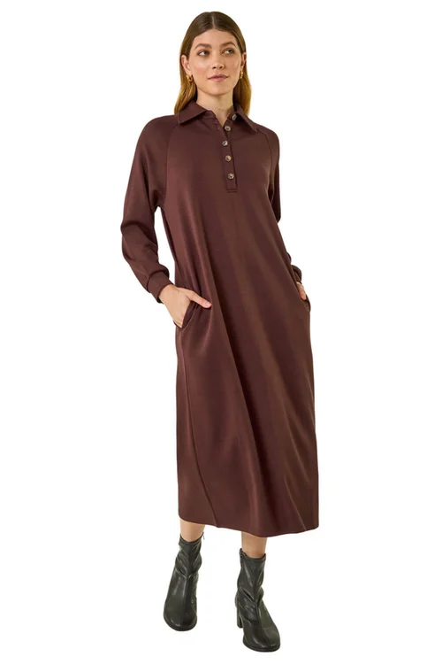 Roman Chocolate Buttoned Collar Midi Dress - Size 14 Image 2