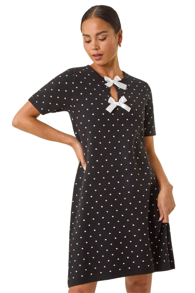 Roman Black Petite Polka Dot Knit Dress