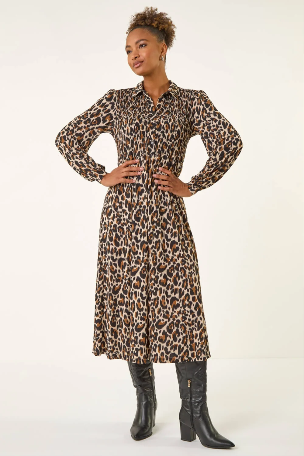 Roman Tan Animal Print Shirred Midi Dress - 20 Image 1