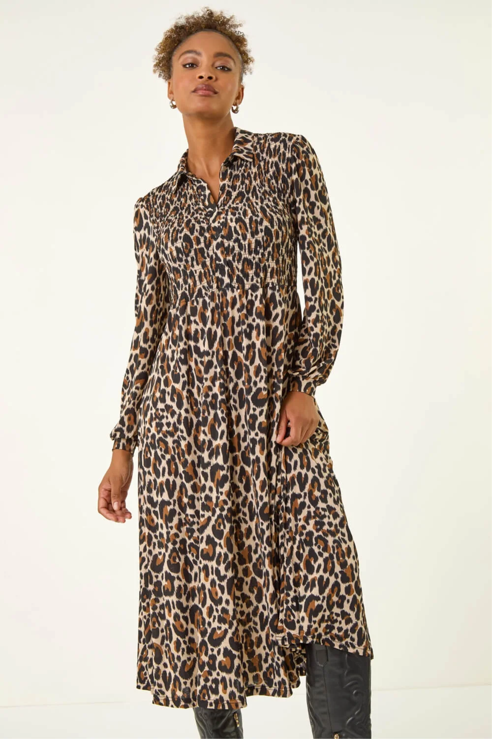Roman Tan Animal Print Shirred Midi Dress - 20 Image 2