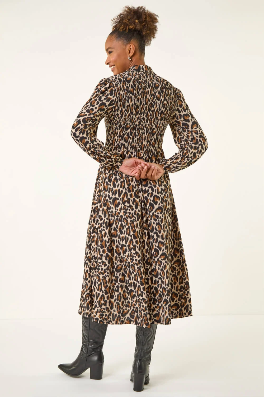 Roman Tan Animal Print Shirred Midi Dress - 20 Image 3