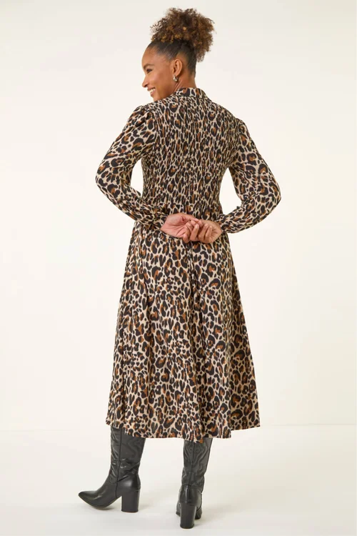 Roman Tan Animal Print Shirred Midi Dress - 20 Image 3