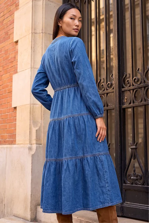 Roman Denim Cotton Denim Tiered Midi Dress - 16 Image 3