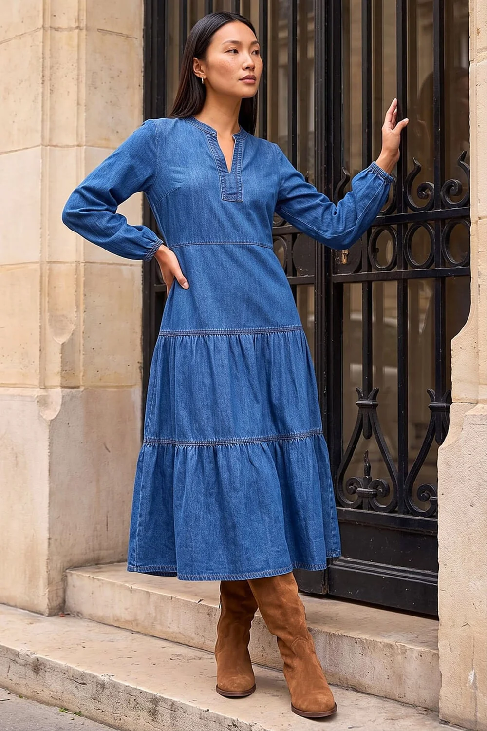 Roman Denim Cotton Denim Tiered Midi Dress - 16 Image 2