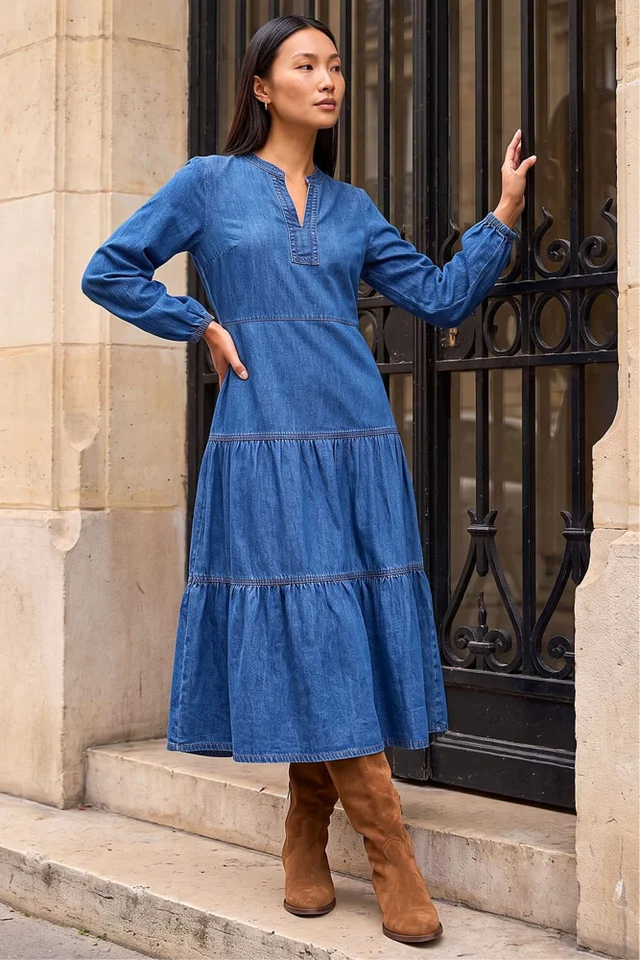 Roman Denim Cotton Denim Tiered Midi Dress