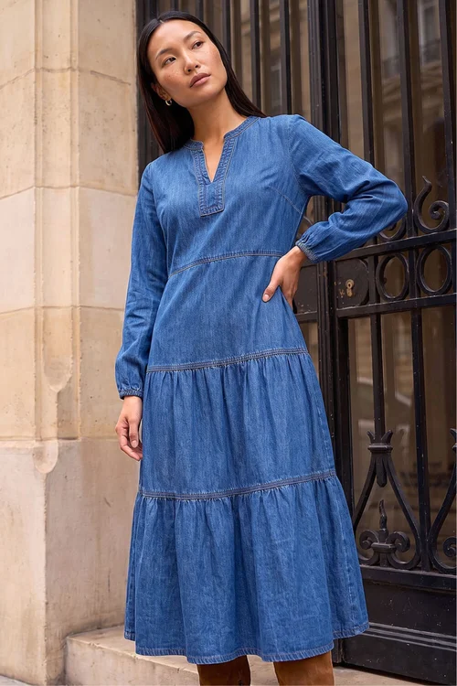 Roman Denim Cotton Denim Tiered Midi Dress - 16 Image 1