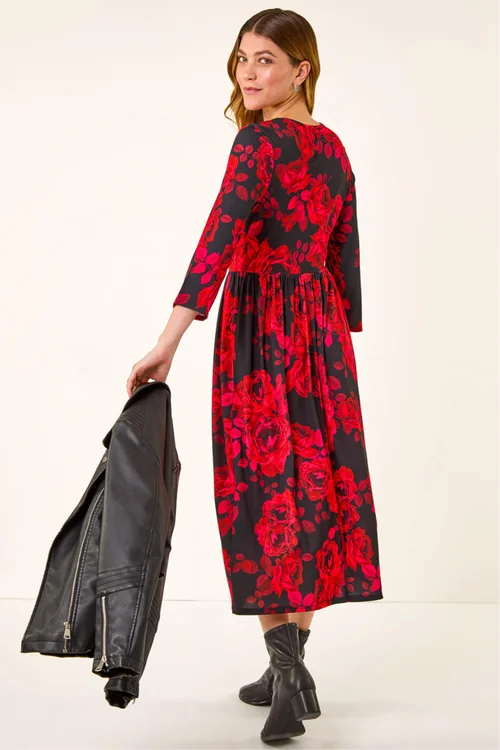 Roman Red Rose Print Gathered Stretch Midi Dress - 12 Image 3