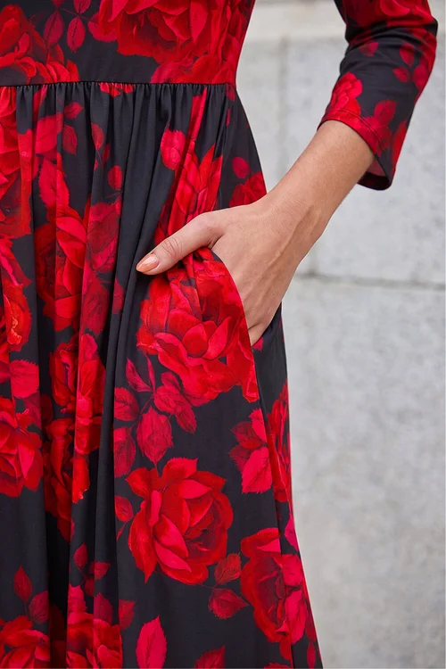 Roman Red Rose Print Gathered Stretch Midi Dress - 12 Image 4