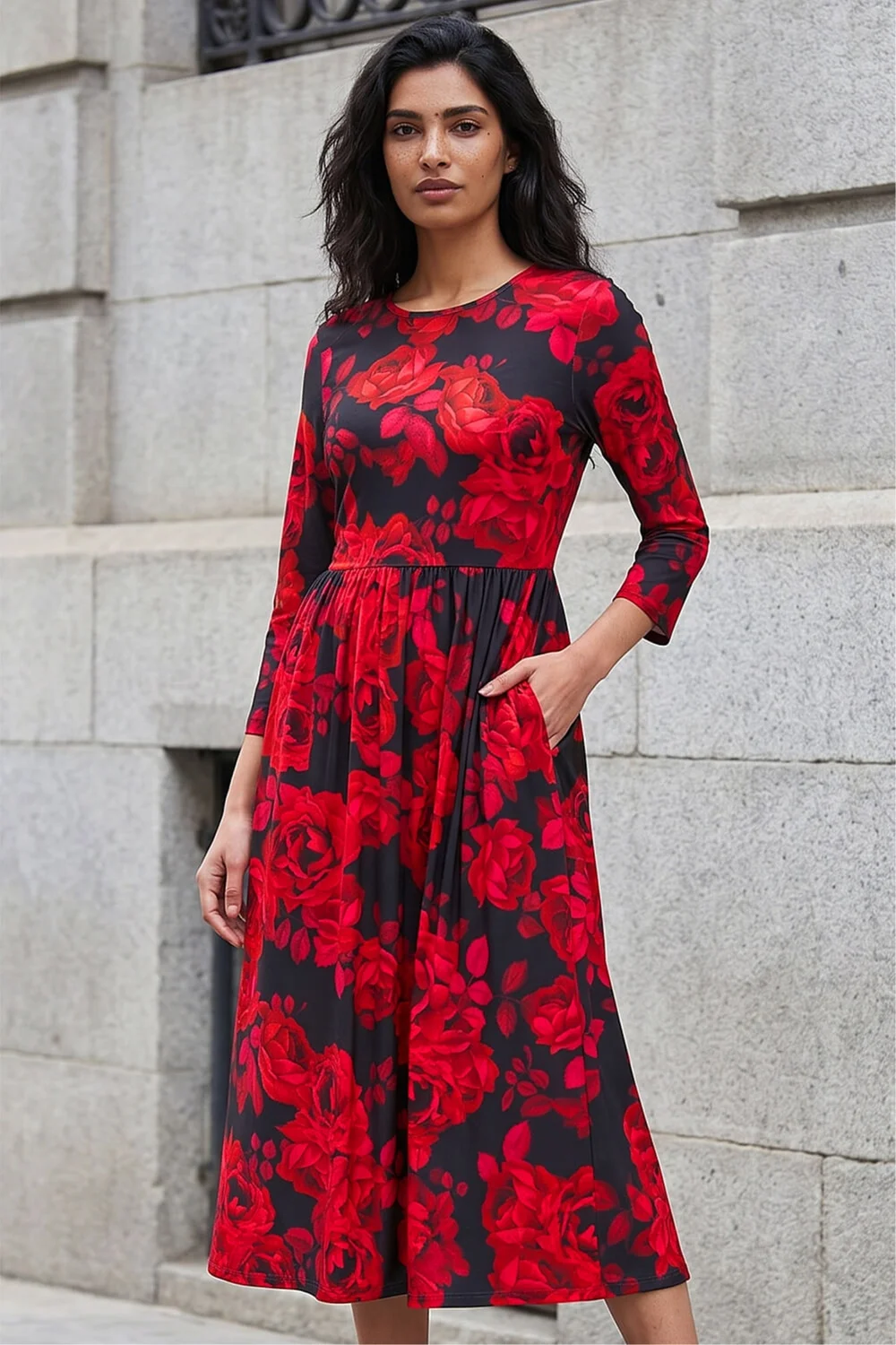 Roman Red Rose Print Gathered Stretch Midi Dress - 12 Image 1