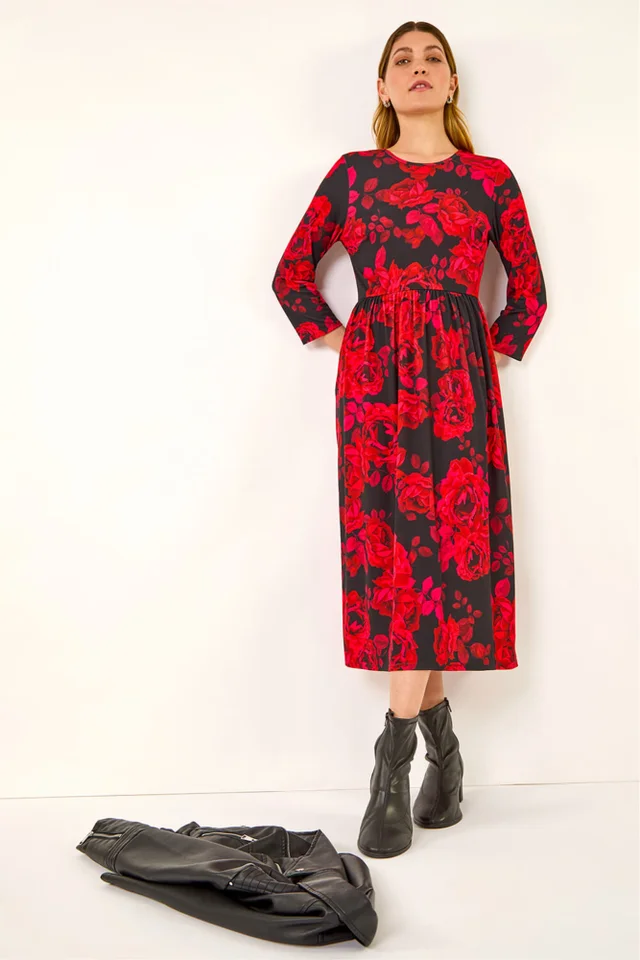Roman Red Rose Print Gathered Stretch Midi Dress