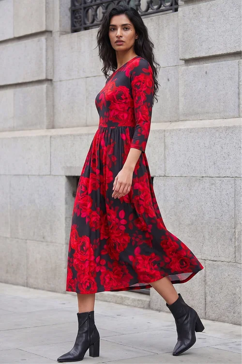 Roman Red Rose Print Gathered Stretch Midi Dress - 12 Image 2