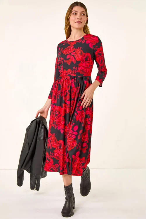 Roman Red Rose Print Gathered Stretch Midi Dress - 12 Image 2