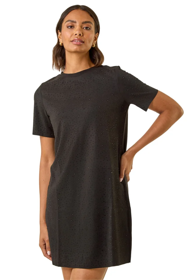 Roman Black Embellished Shift Stretch Dress