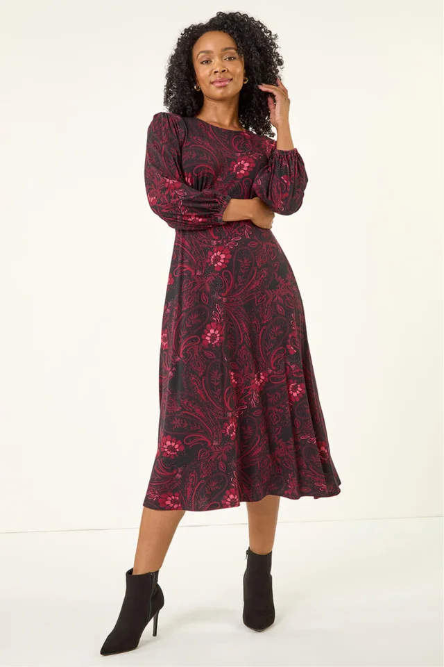 Roman Wine Petite Abstract Print Midi Stretch Dress