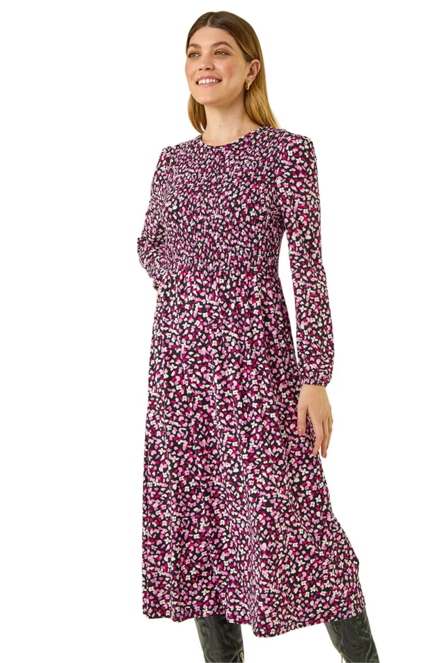 Roman Pink Ditsy Floral Shirred Midi Dress