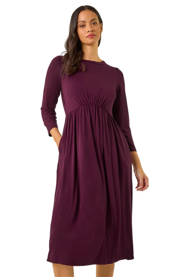 Dusk Wine Gathered Pocket Stretch Midi Dress