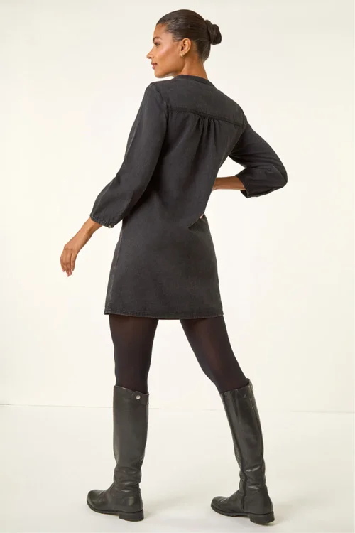 Roman Black Cotton Denim Button Shift Dress - 18 Image 3