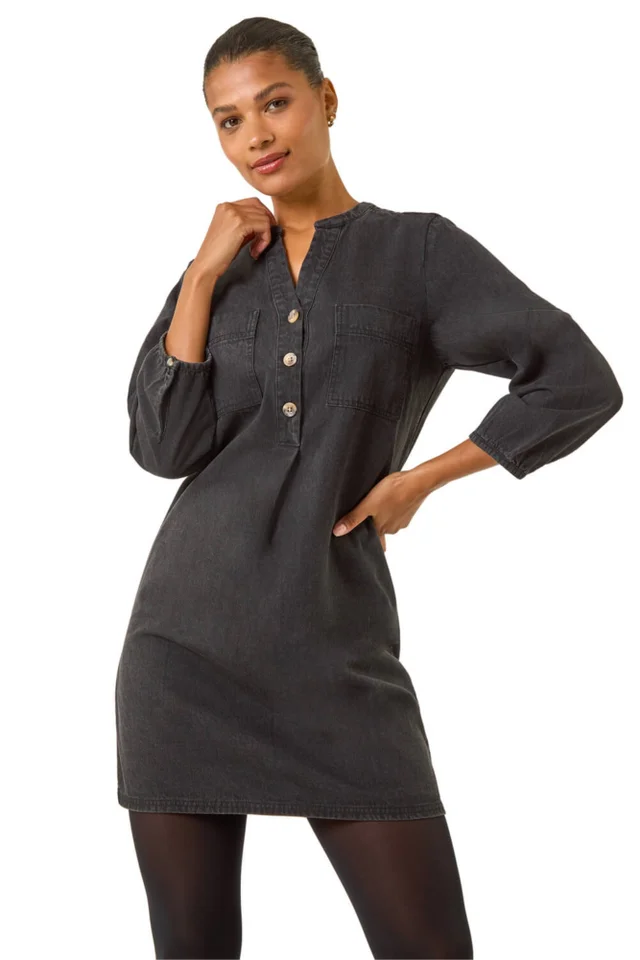 Roman Black Cotton Denim Button Shift Dress