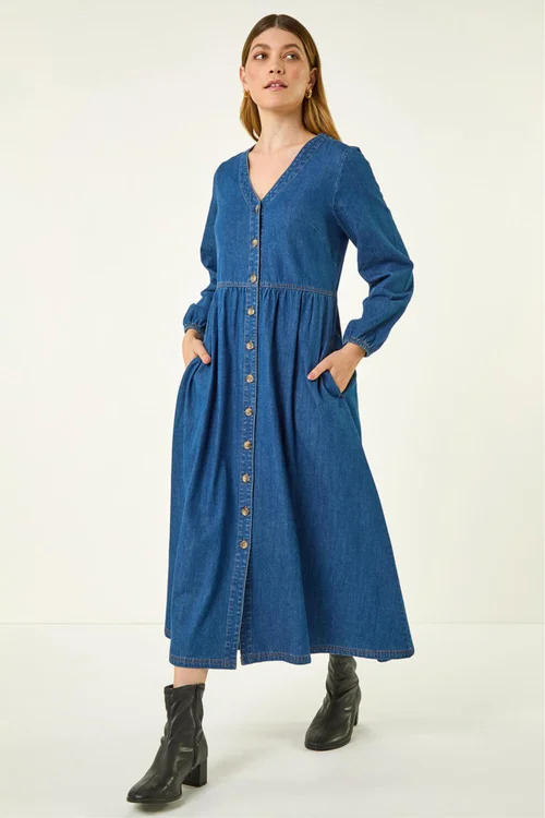 Roman Blue Denim Button Through Midi Dress - 10 Image 1