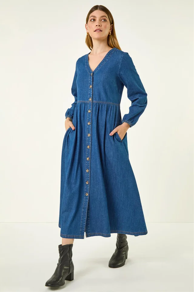 Roman Blue Denim Button Through Midi Dress
