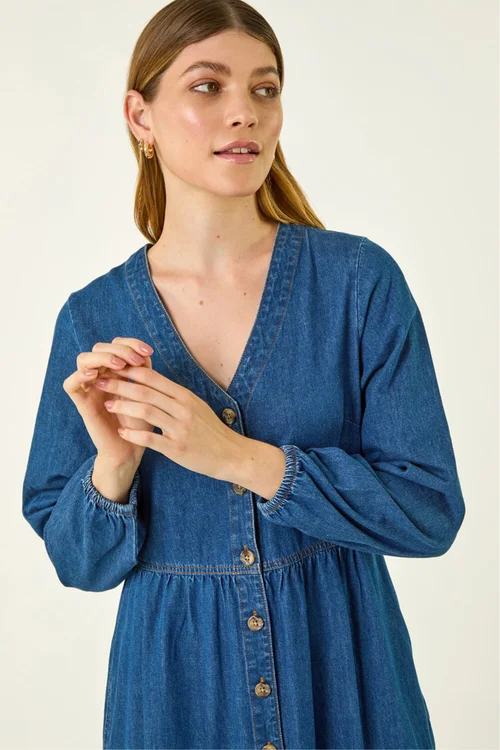 Roman Blue Denim Button Through Midi Dress - 10 Image 4