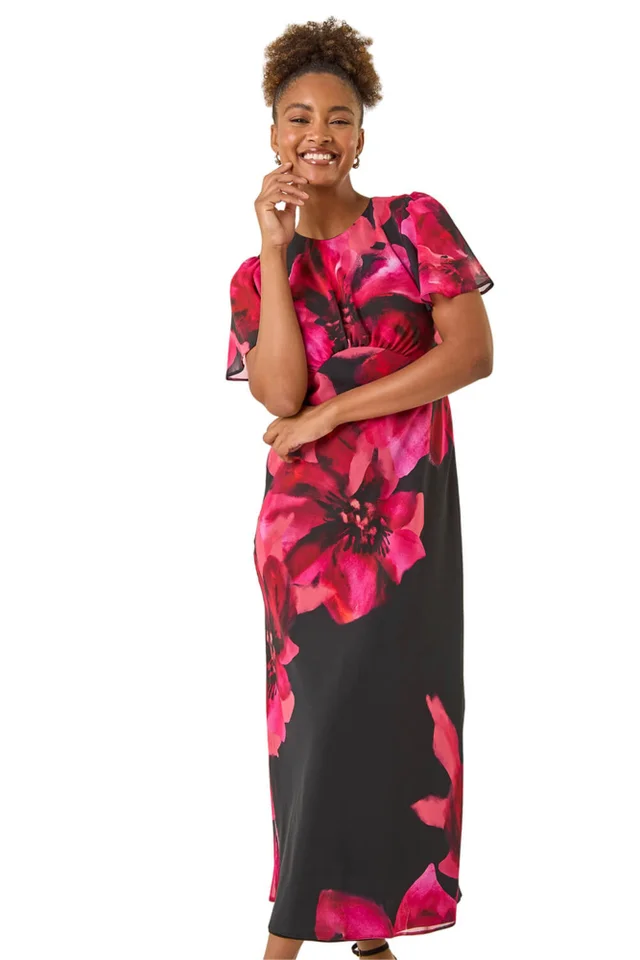 Roman Red Floral Print Flutter Sleeve Midi Dress